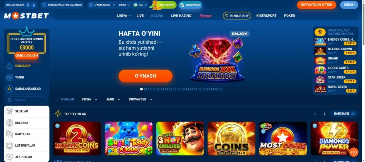Mostbet kazino lobbisi: ommabop slotlar va bo'limlar