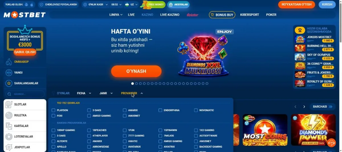 Kazinodagi provayder filtri va ko'p qidiriladigan studiyalar