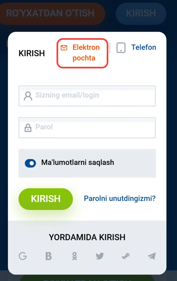 Kirish oynasidagi Elektron pochta yorlig'i