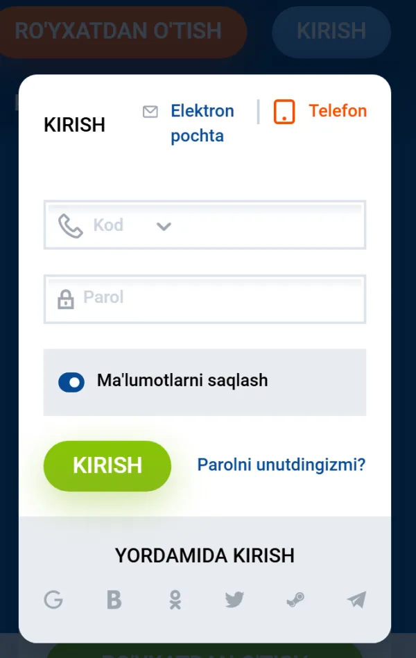 Telefon raqami va parol bilan kirish oynasi