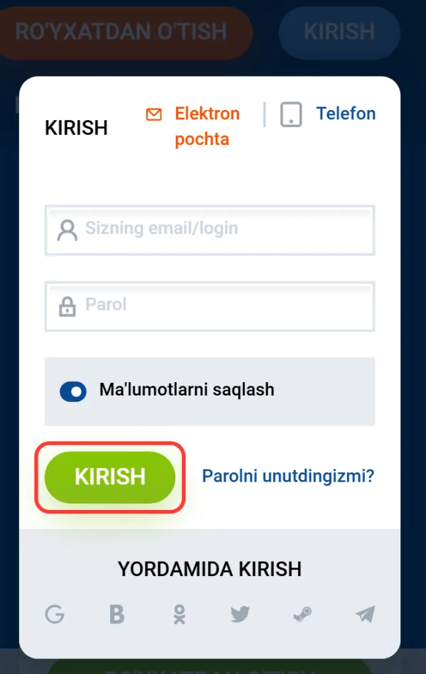 Hisobga kirish uchun yashil Kirish tugmasi