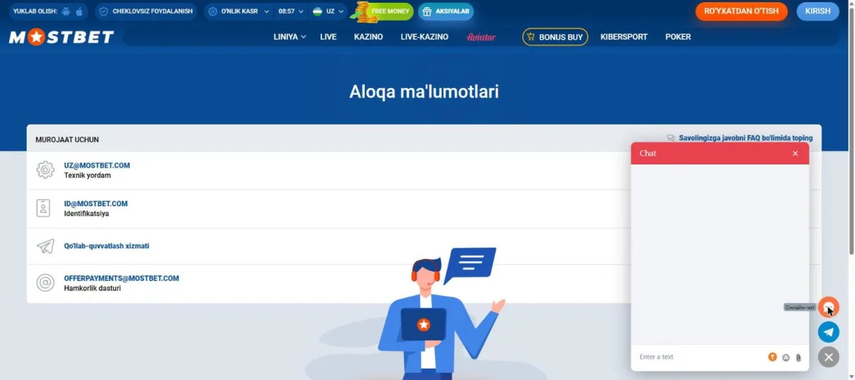 Qo'llab-quvvatlash xizmatining onlayn chat oynasi