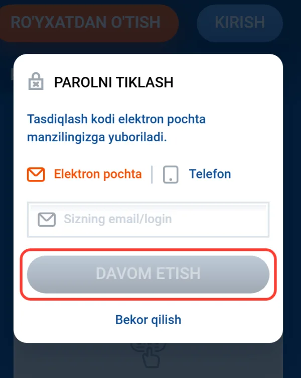 Davom etish tugmasi kod yuborish uchun