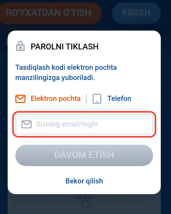 Parolni tiklash uchun email yoki login maydoni