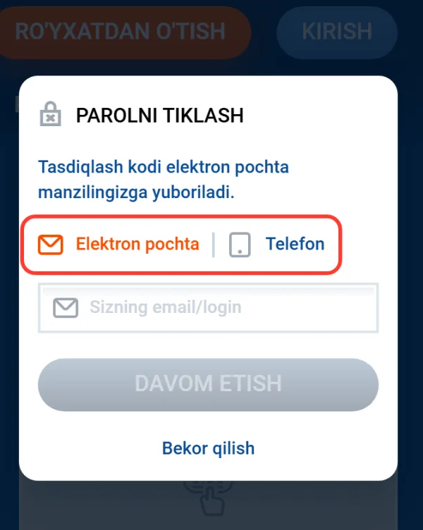 Parolni tiklash oynasida pochta yoki telefonni tanlash