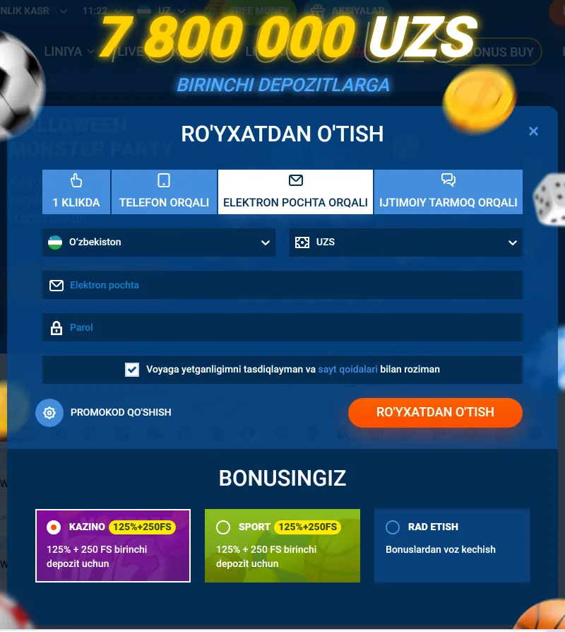 Elektron pochta orqali ro'yxatdan o'tish formasi