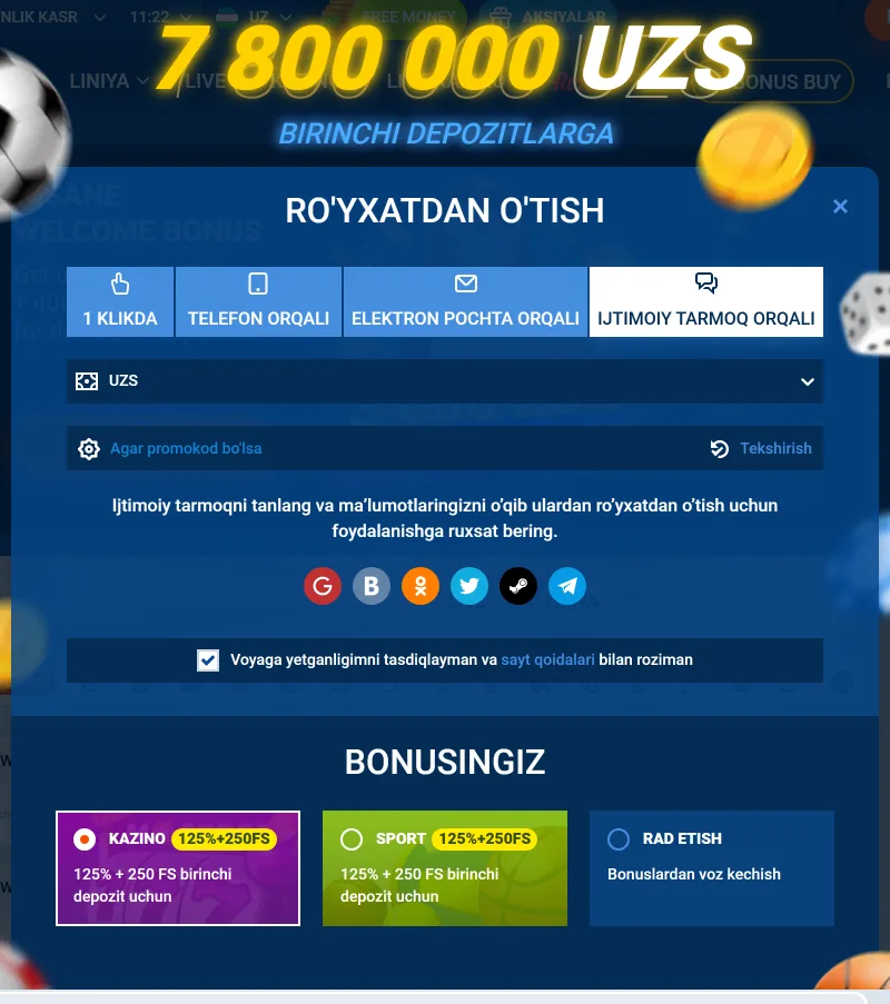 Ijtimoiy tarmoq orqali ro'yxatdan o'tish: Google, Telegram, Steam
