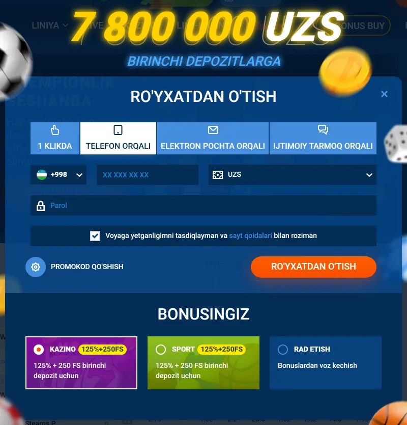Telefon orqali ro'yxatdan o'tish: +998 kodi, raqam va parol