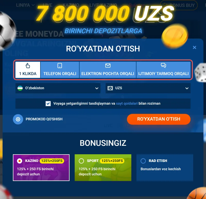 Ro'yxatdan o'tish oynasidagi to'rtta usul: 1 klikda, telefon, pochta, ijtimoiy tarmoq